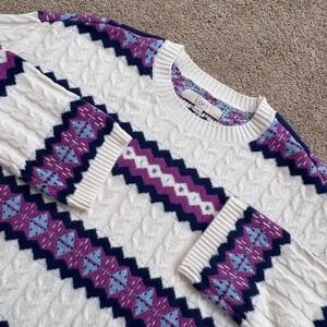 LOFT Women's Fair Isle Cable Knit Sweater Small Cream Purple Blue Nordic Pattern